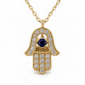 Blue Centre Crystal Hamsa Necklace — white background