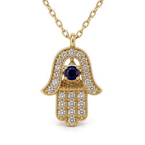 Blue Centre Crystal Hamsa Necklace — white background