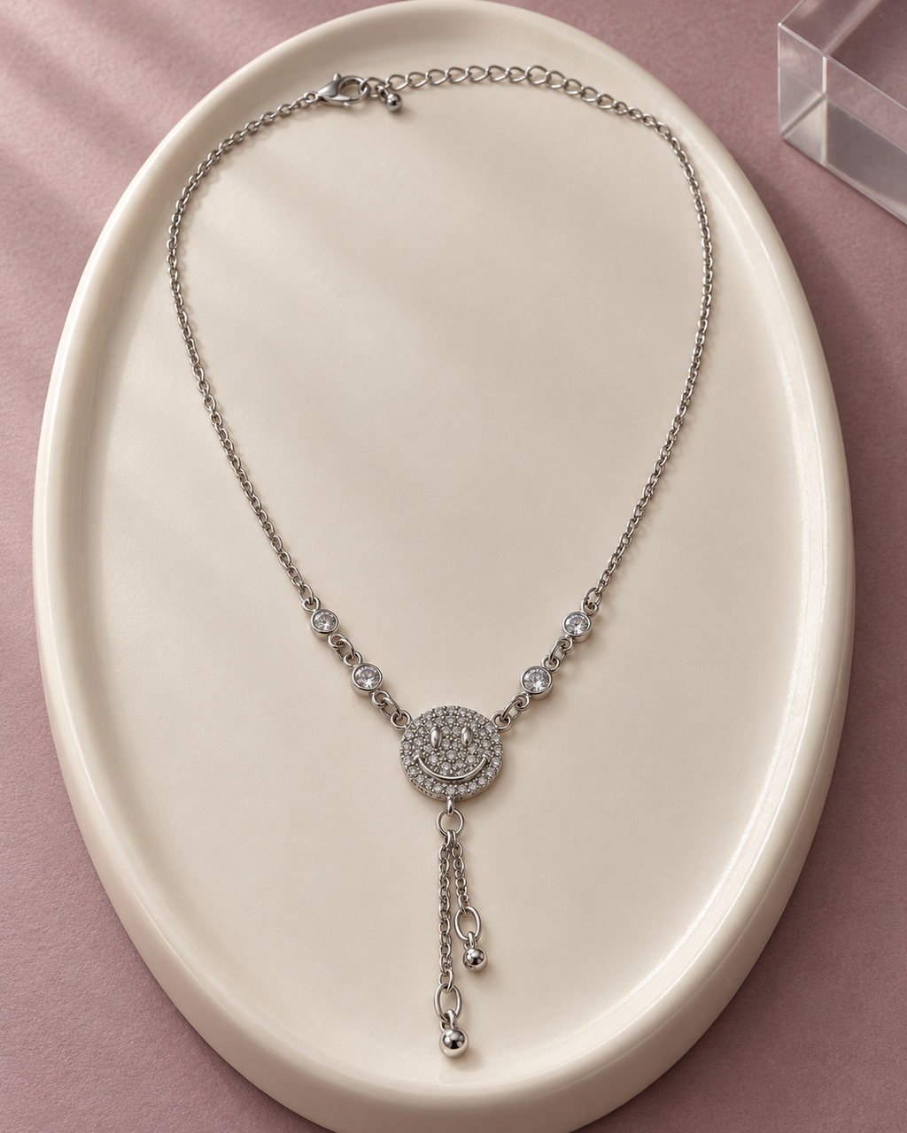 Silver-Tone Crystal Smiley Tassel Necklace — aesthetic setting