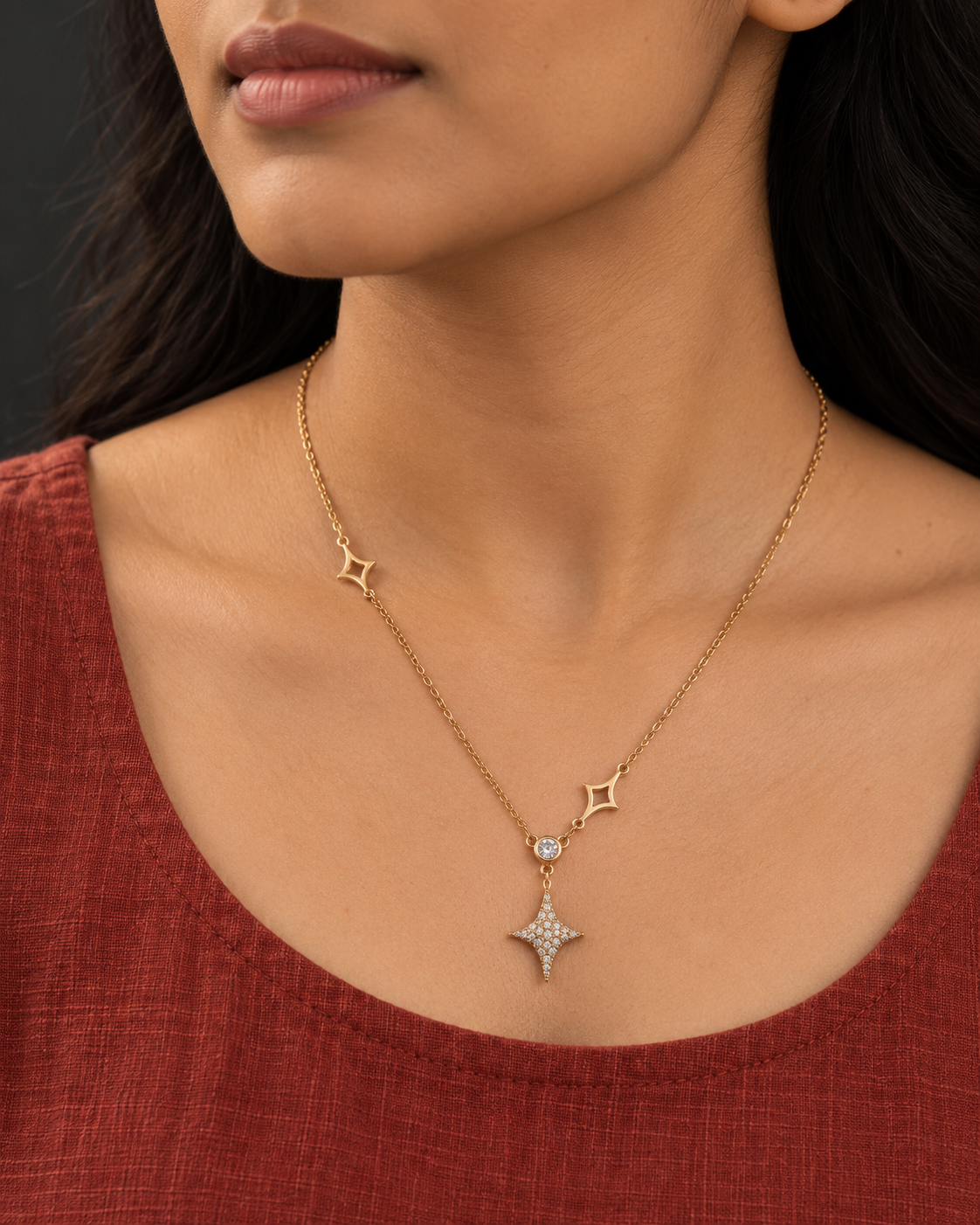 Asymmetric Crystal Star Drop Necklace — worn by model