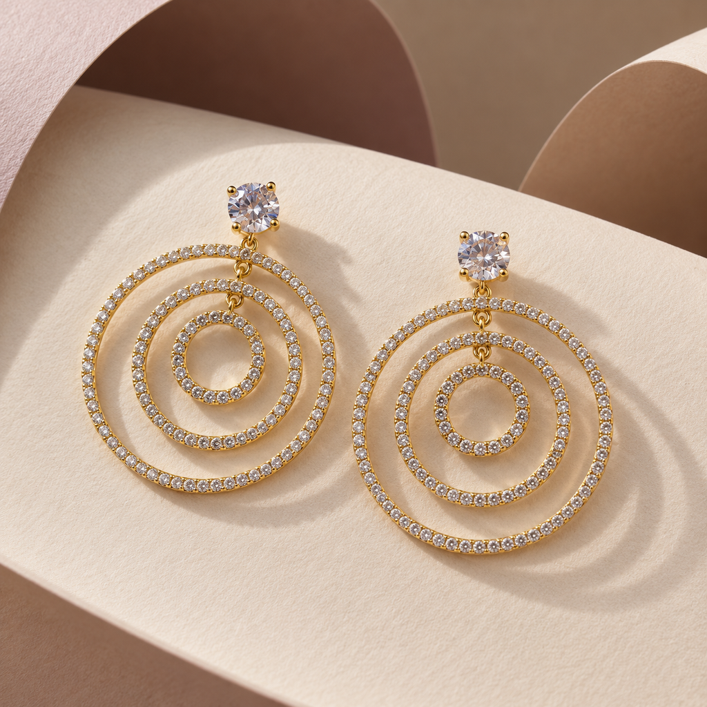 Triple Concentric Crystal Circle Earrings — aesthetic setting
