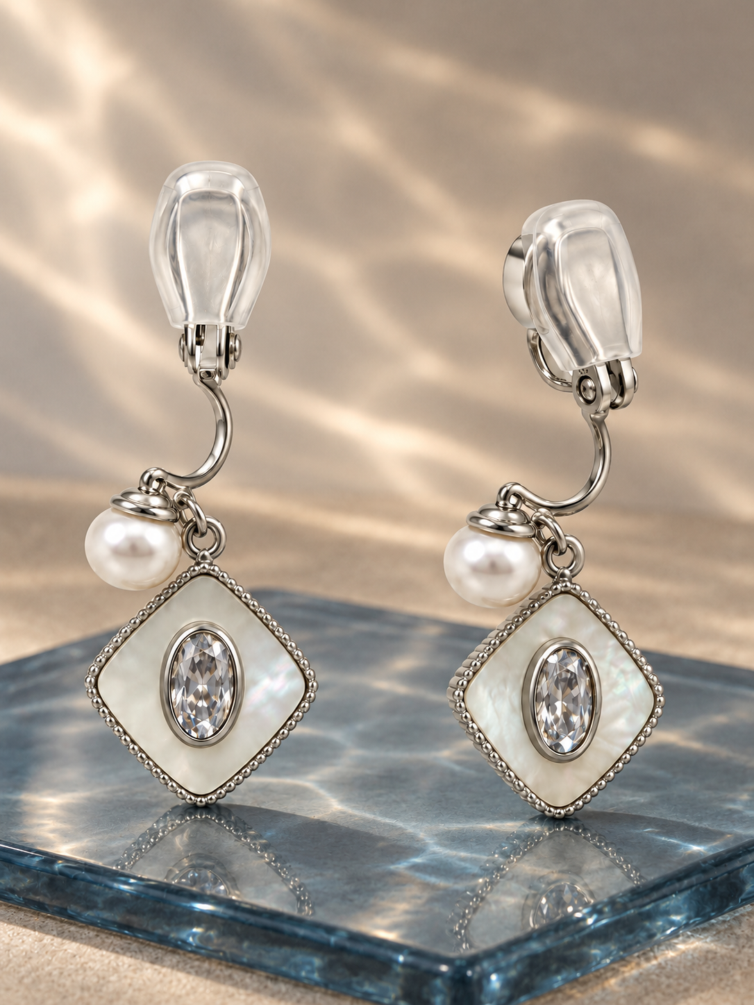 Silver-Tone Ivory Diamond Shape Clip Earrings — aesthetic setting