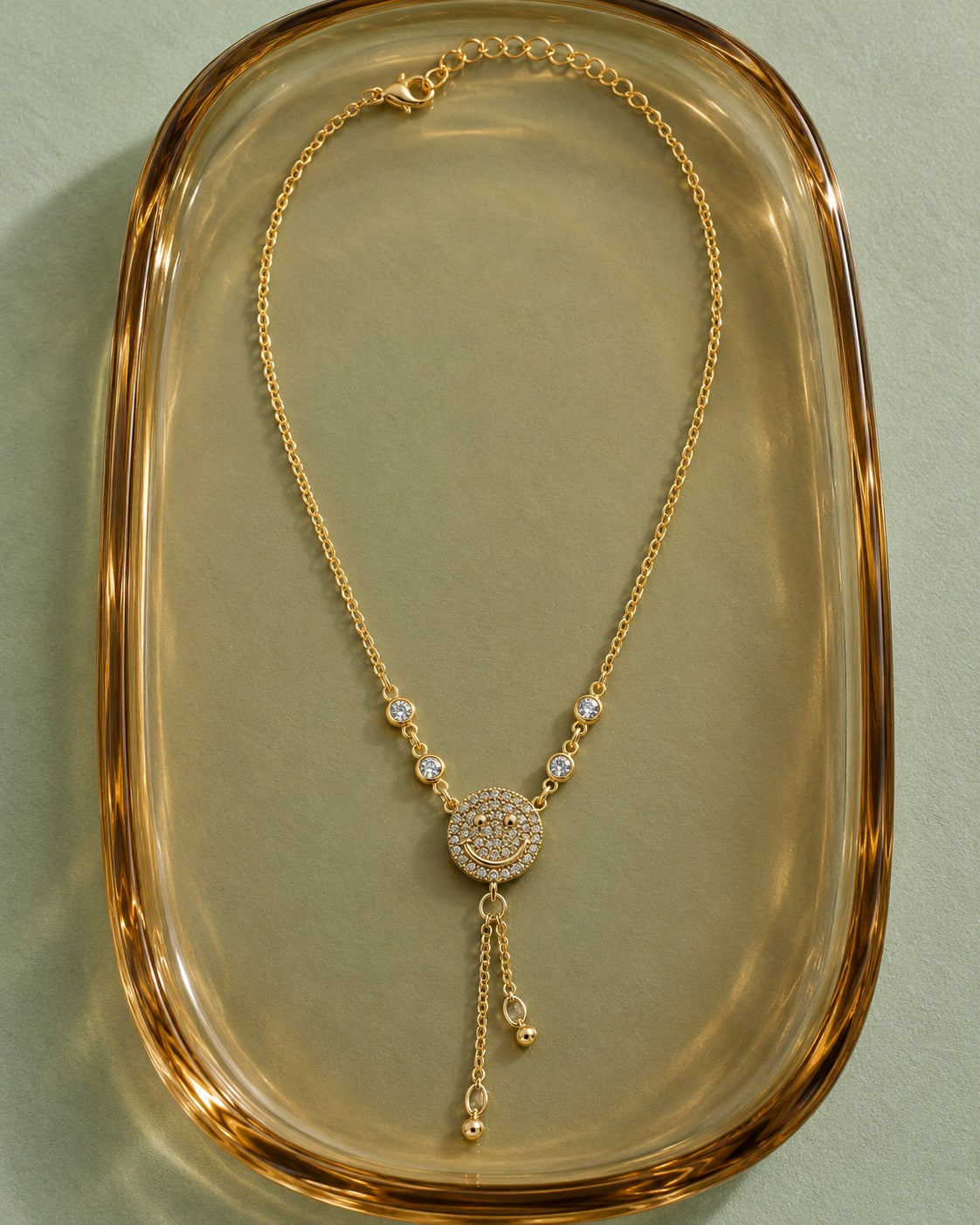 Silver-Gold Tone Crystal Smiley Tassel Necklace