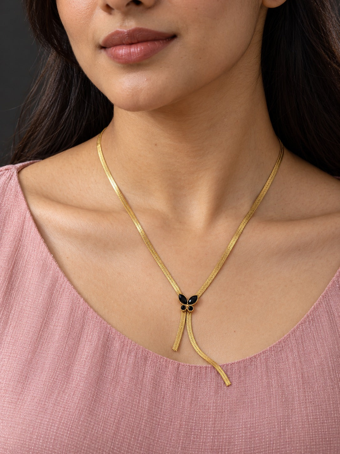Gold Black Stone Snake Chain Necklace