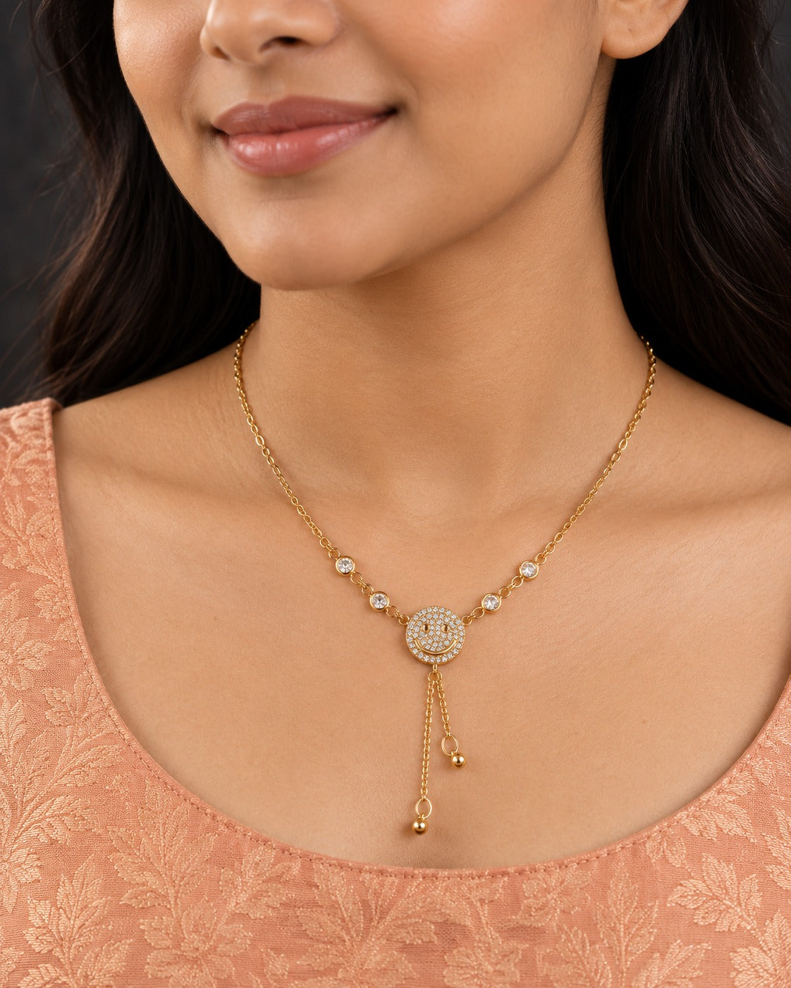 Silver-Gold Tone Crystal Smiley Tassel Necklace