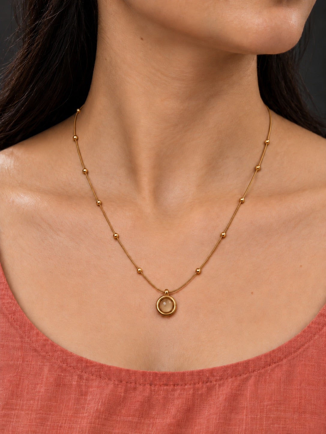 Gold Round Pendant Beaded Necklace