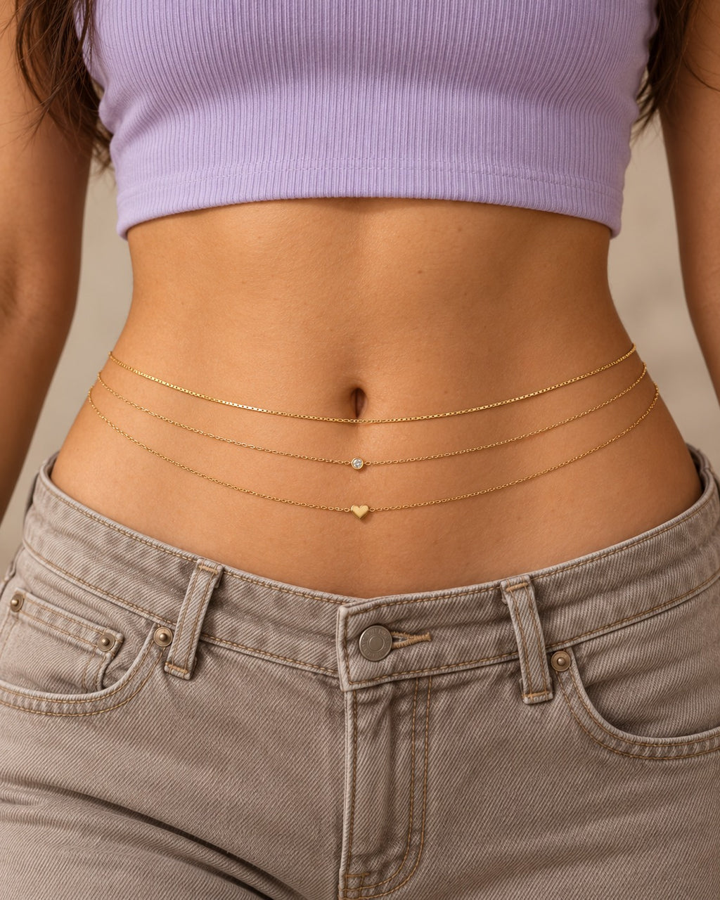 Golden Trio Layered Waist Chain with Heart & Crystal Charms