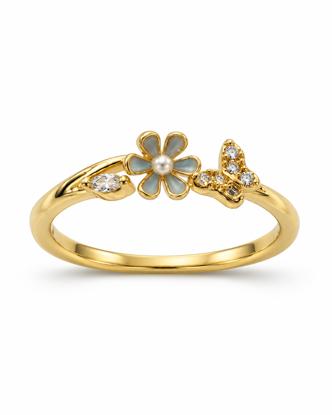 Golden Floral Butterfly Ring