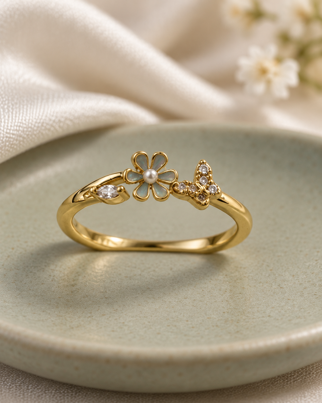 Golden Floral Butterfly Ring