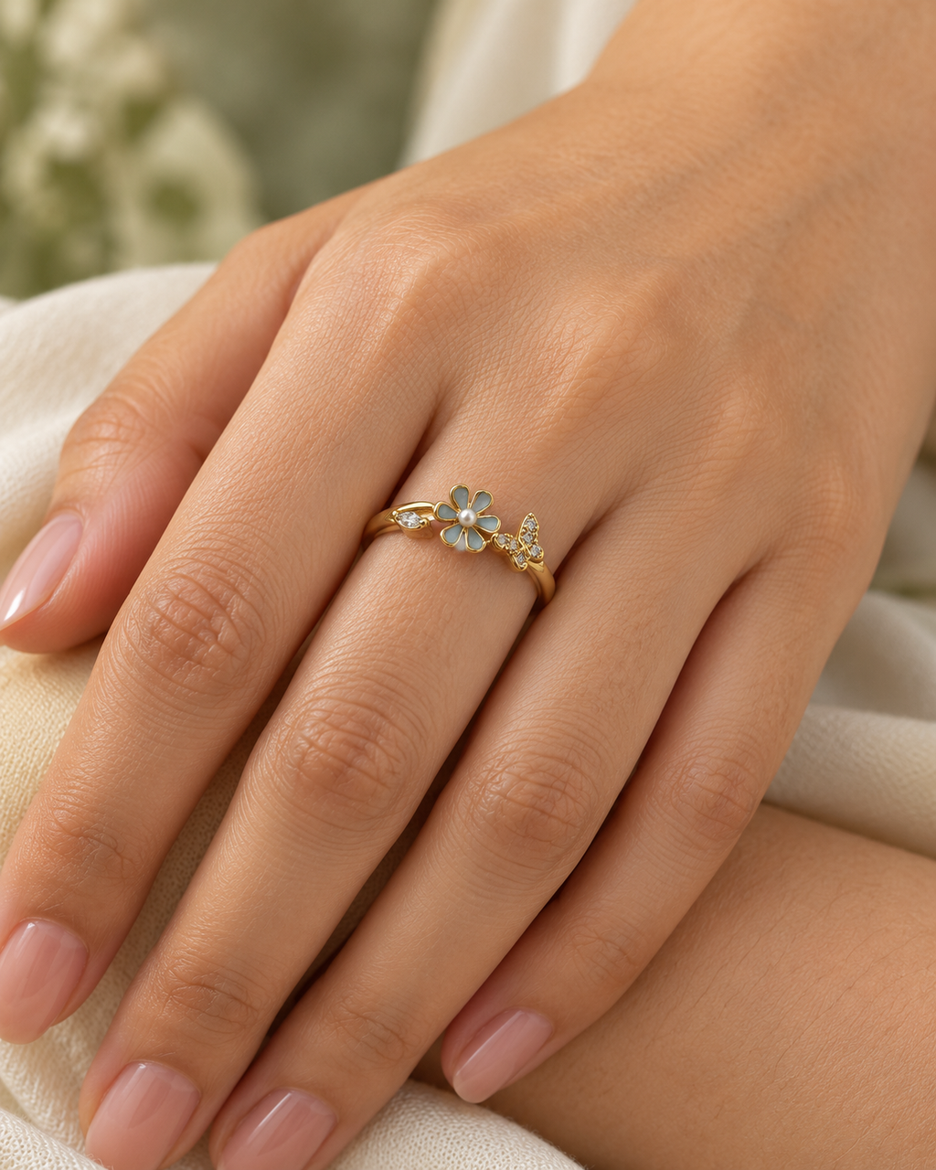 Golden Floral Butterfly Ring