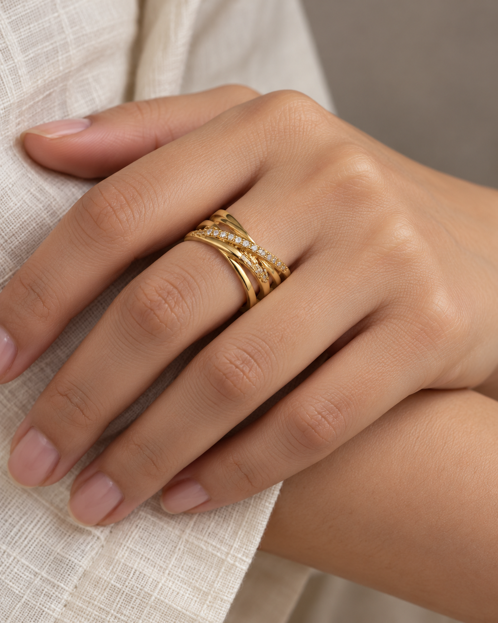 Elegant Gold Crossover Crystal Ring