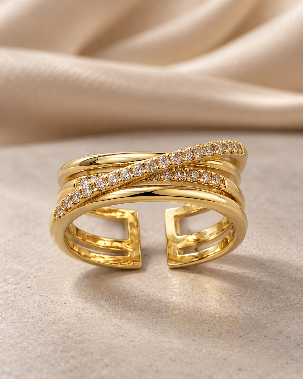 Elegant Gold Crossover Crystal Ring