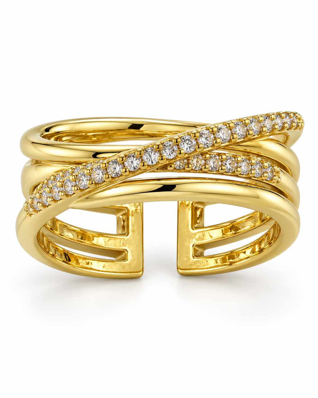 Elegant Gold Crossover Crystal Ring
