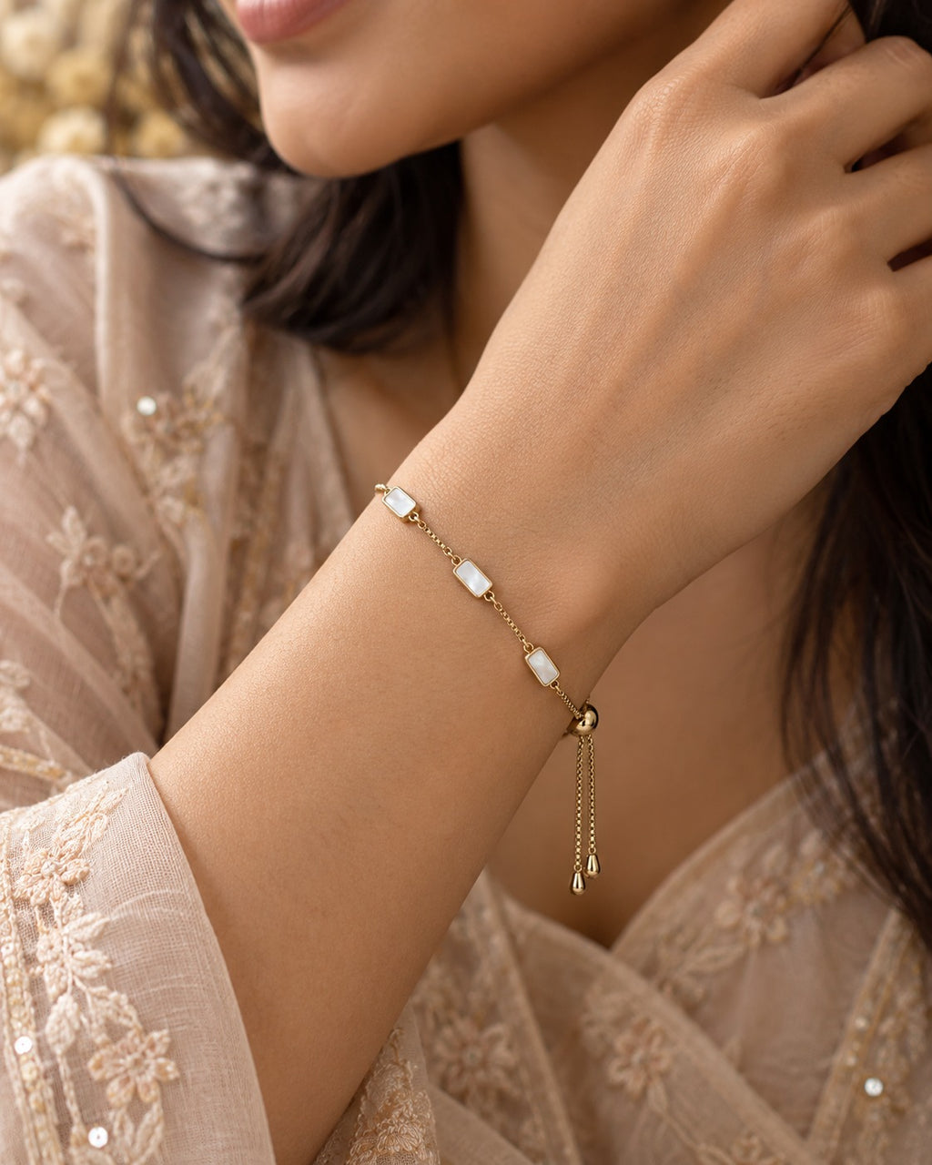 Golden Pearl Rectangle Bracelet